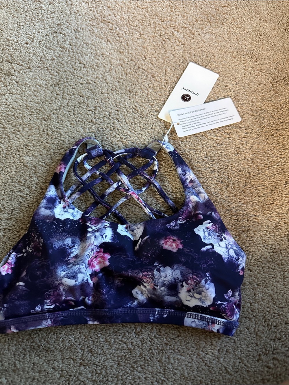 Floral Lattice-Back Sports Bra — Purple